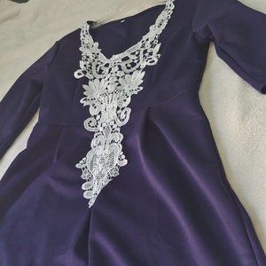 New blue A-line dress, white lace trim, size Med